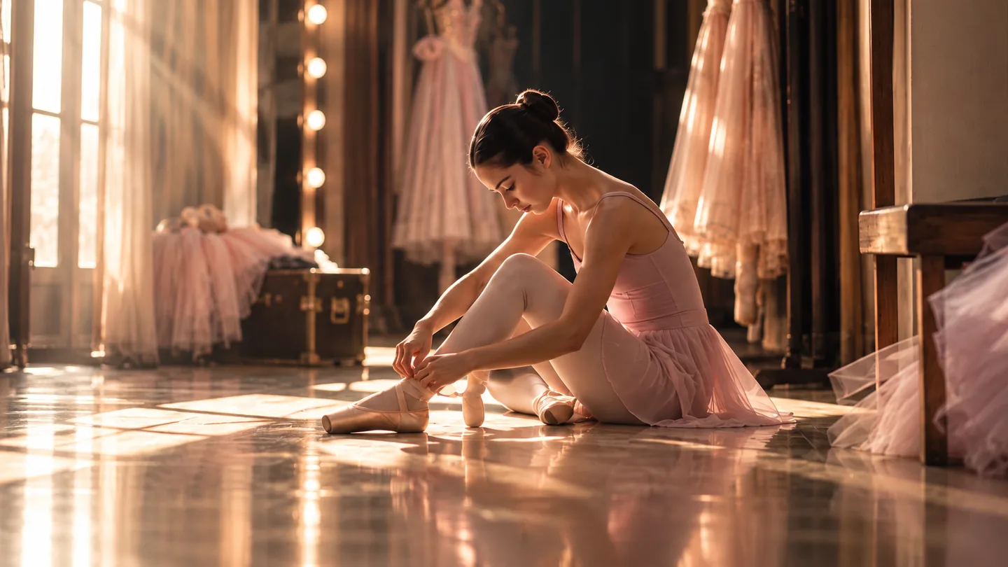 Bailarina ajustando sus zapatillas de punta tras bambalinas antes de la función