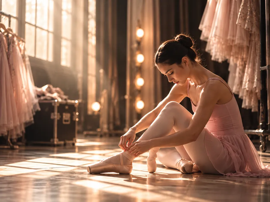Bailarina ajustando sus zapatillas de punta tras bambalinas