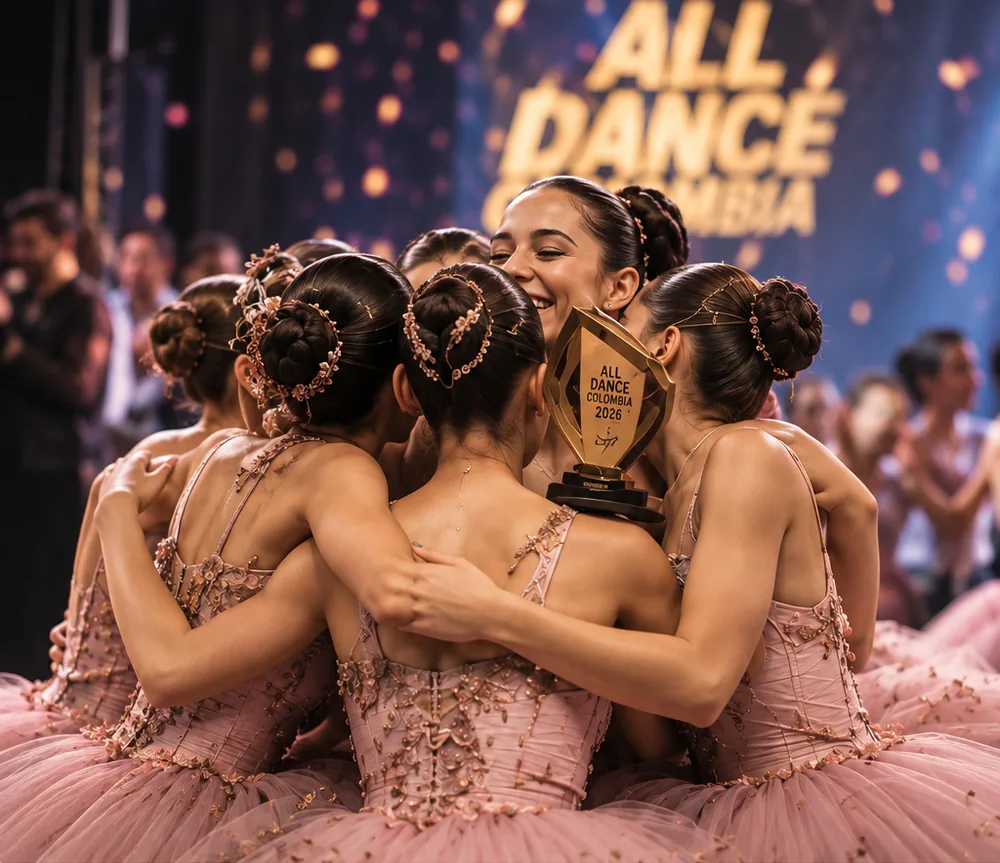 Bailarinas de Destellos celebrando en el escenario con el trofeo All Dance Colombia en Bogotá