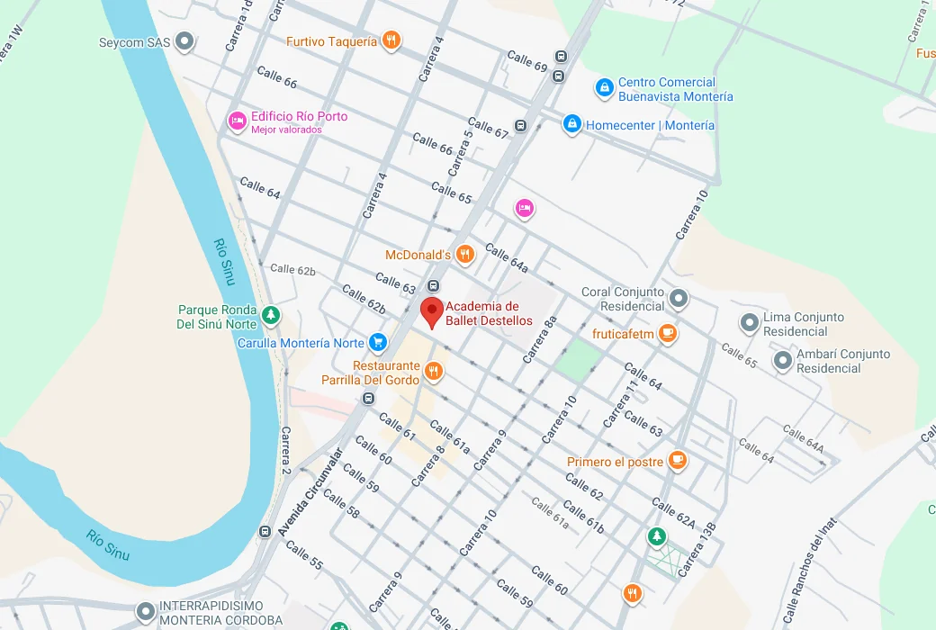 Mapa de ubicación en Google Maps de Academia de Ballet Destellos entre Calle 62B y Calle 63, Montería